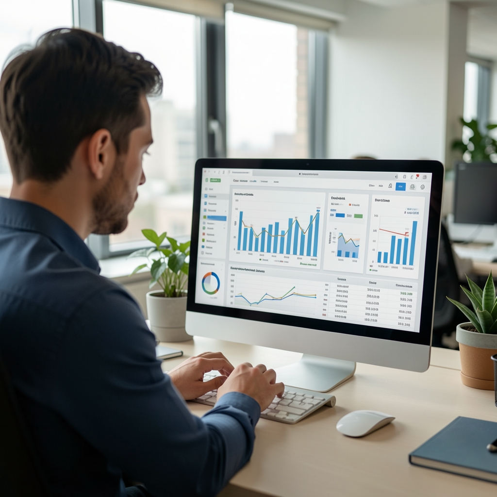 Analista de datos revisando gráficos y tablas estadísticas en pantalla de computadora dentro de una oficina