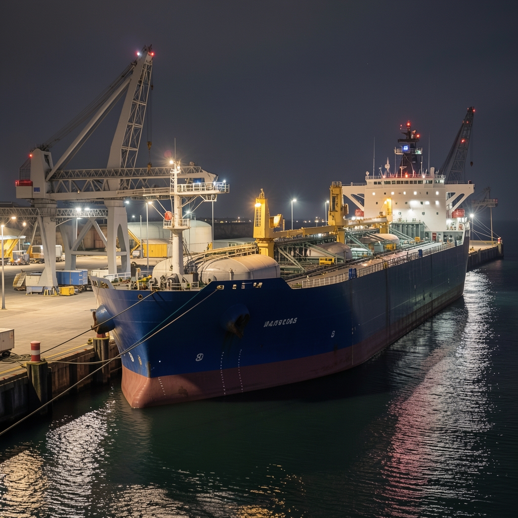 Buque metanero atracado en una terminal de gas natural licuado durante la noche, con iluminación industrial