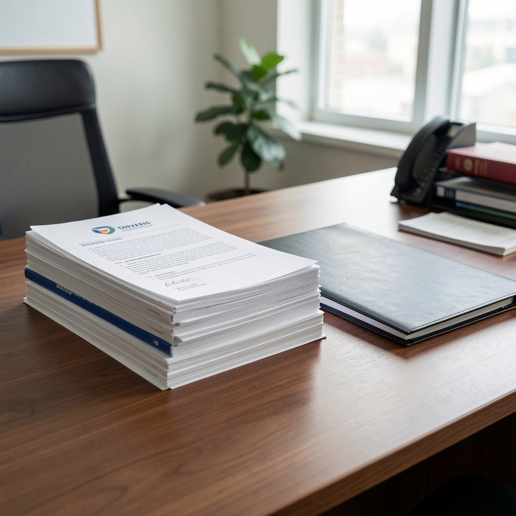 Documentos legales y normativa impresa apilados sobre un escritorio de oficina junto a una carpeta