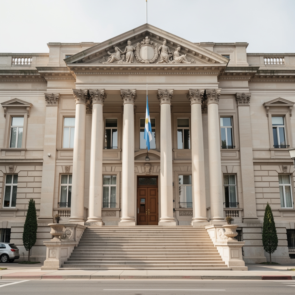 Fachada de edificio gubernamental clásico en el centro de Buenos Aires con columnas y bandera argentina