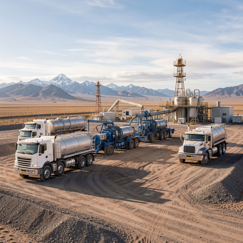 Equipo de fractura hidráulica multietapa con camiones de bombeo en una locación petrolera de la Patagonia