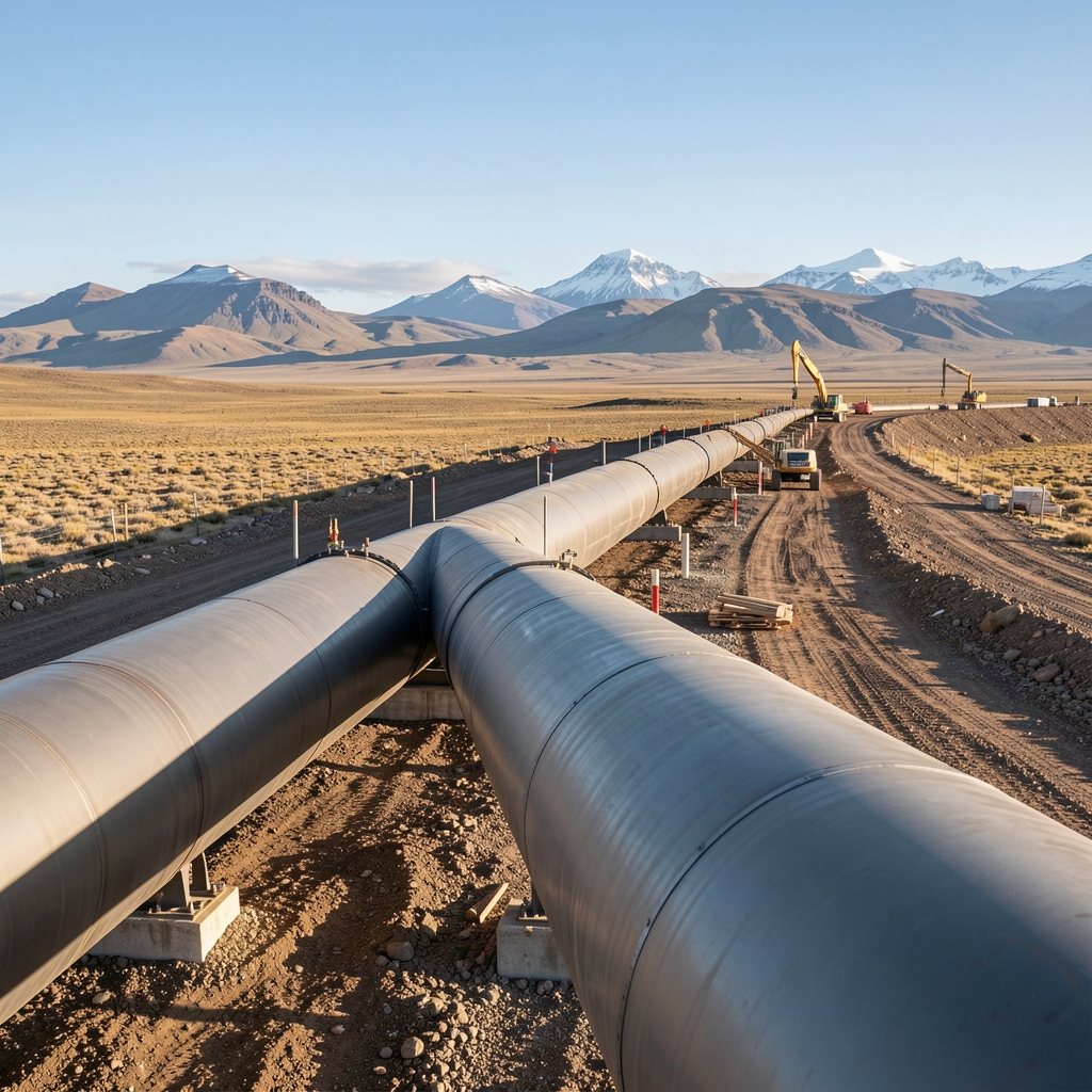Tramo de gasoducto de gran diámetro en construcción sobre la meseta patagónica