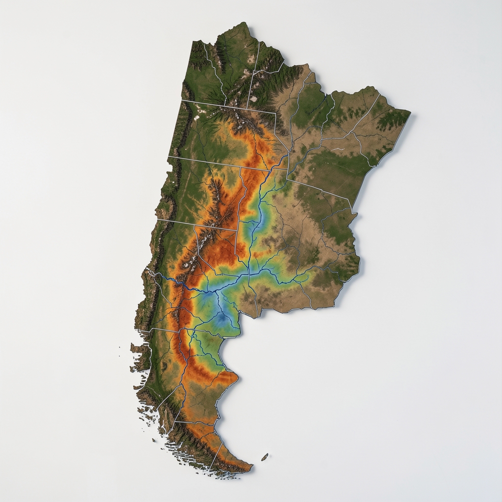 Mapa físico de Argentina mostrando las principales cuencas sedimentarias con potencial hidrocarburífero