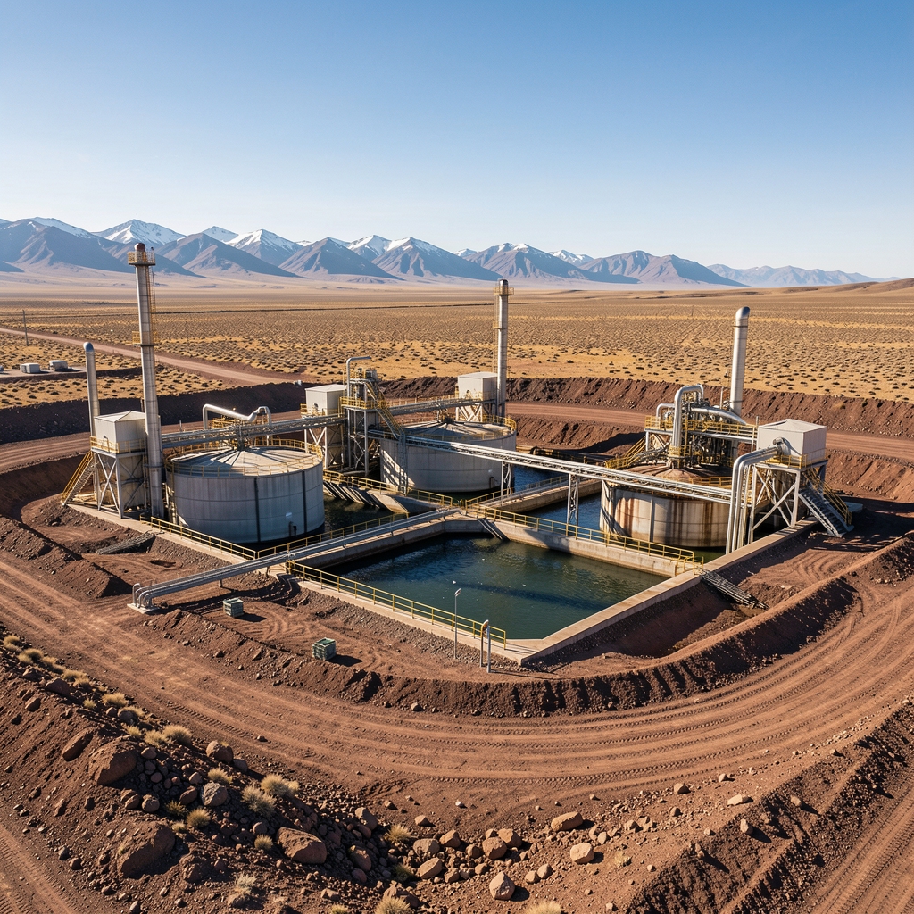Piletas industriales de tratamiento de agua en un yacimiento petrolero rodeadas de terreno árido patagónico