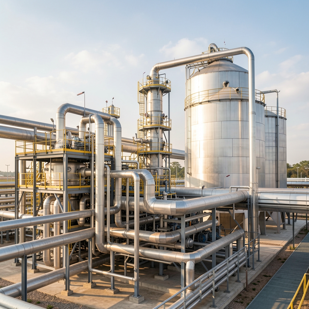 Planta industrial de procesamiento de gas natural con tuberías metálicas y tanques de almacenamiento