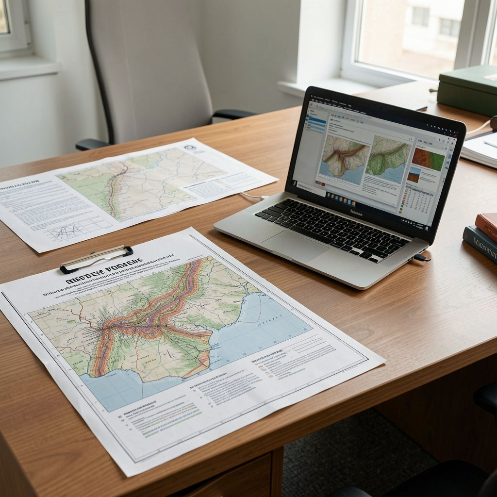 Mesa de redacción con mapas geológicos impresos, informes técnicos y una computadora portátil