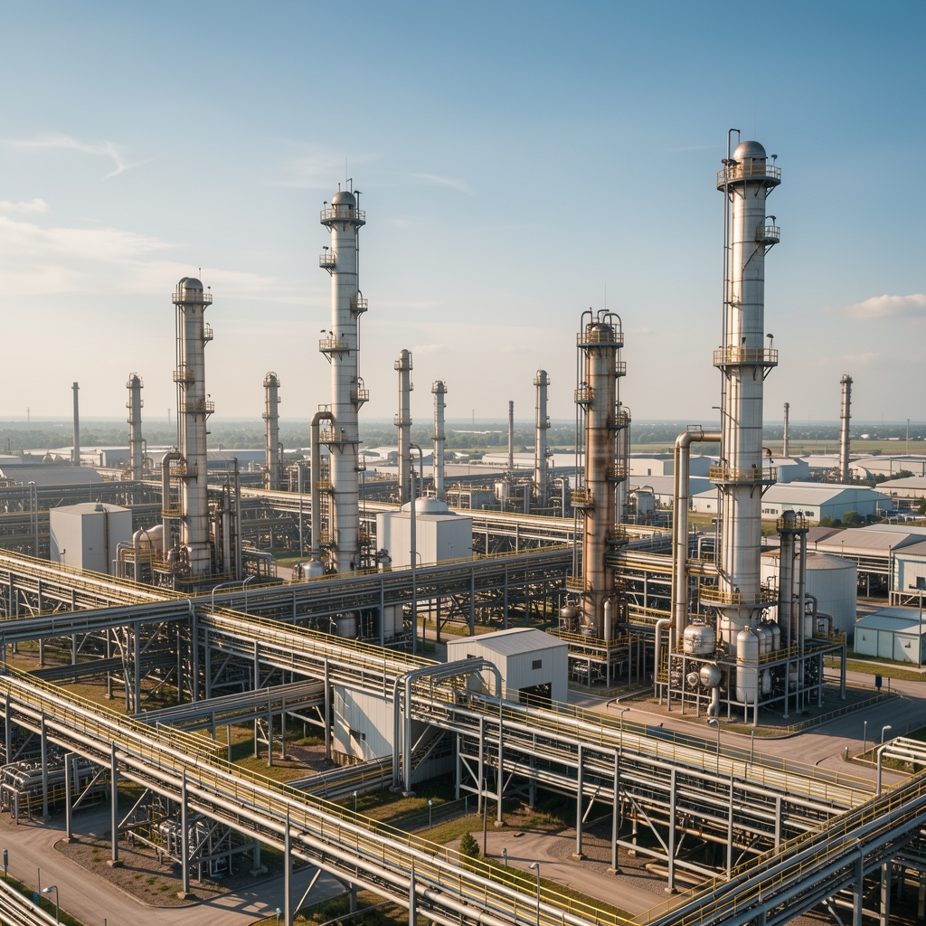 Vista panorámica de una refinería de petróleo con torres de destilación y estructuras metálicas industriales