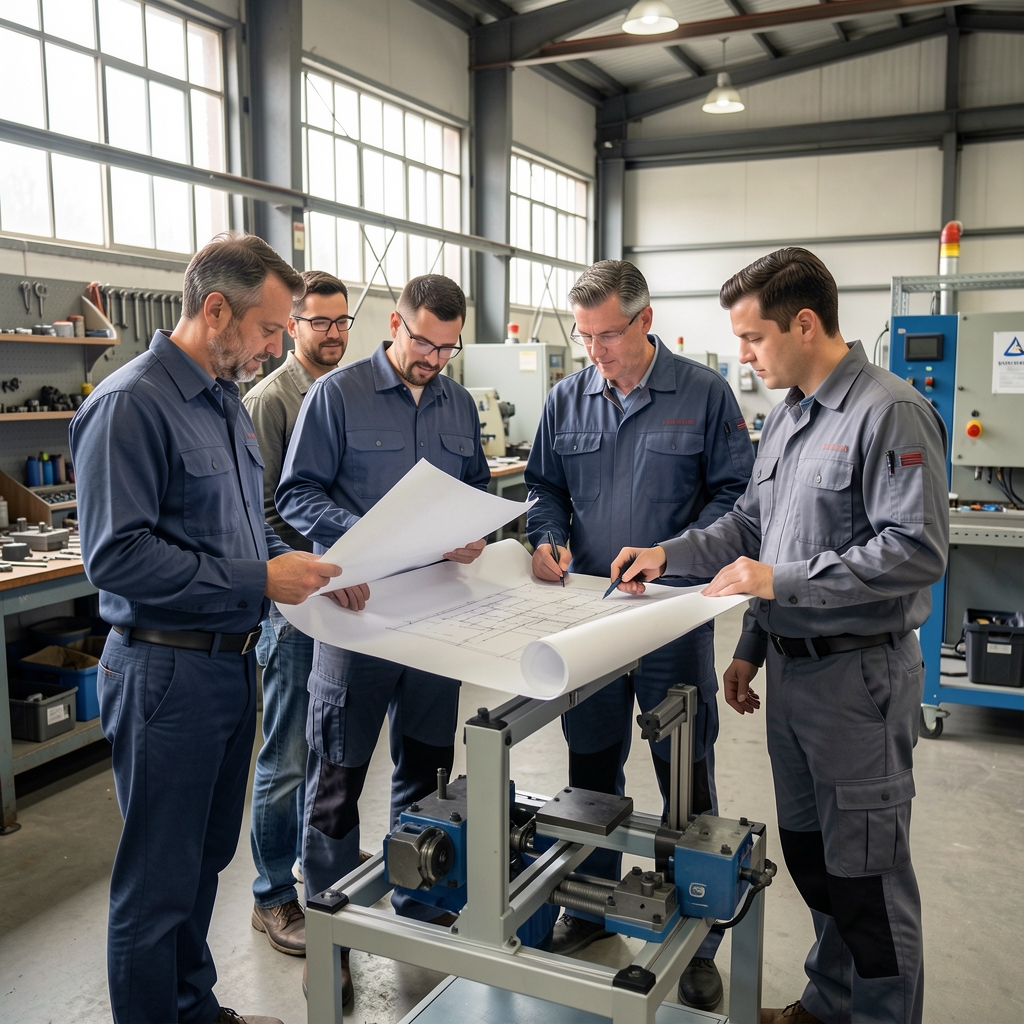 Grupo de técnicos en capacitación industrial revisando planos y equipamiento en un taller de formación