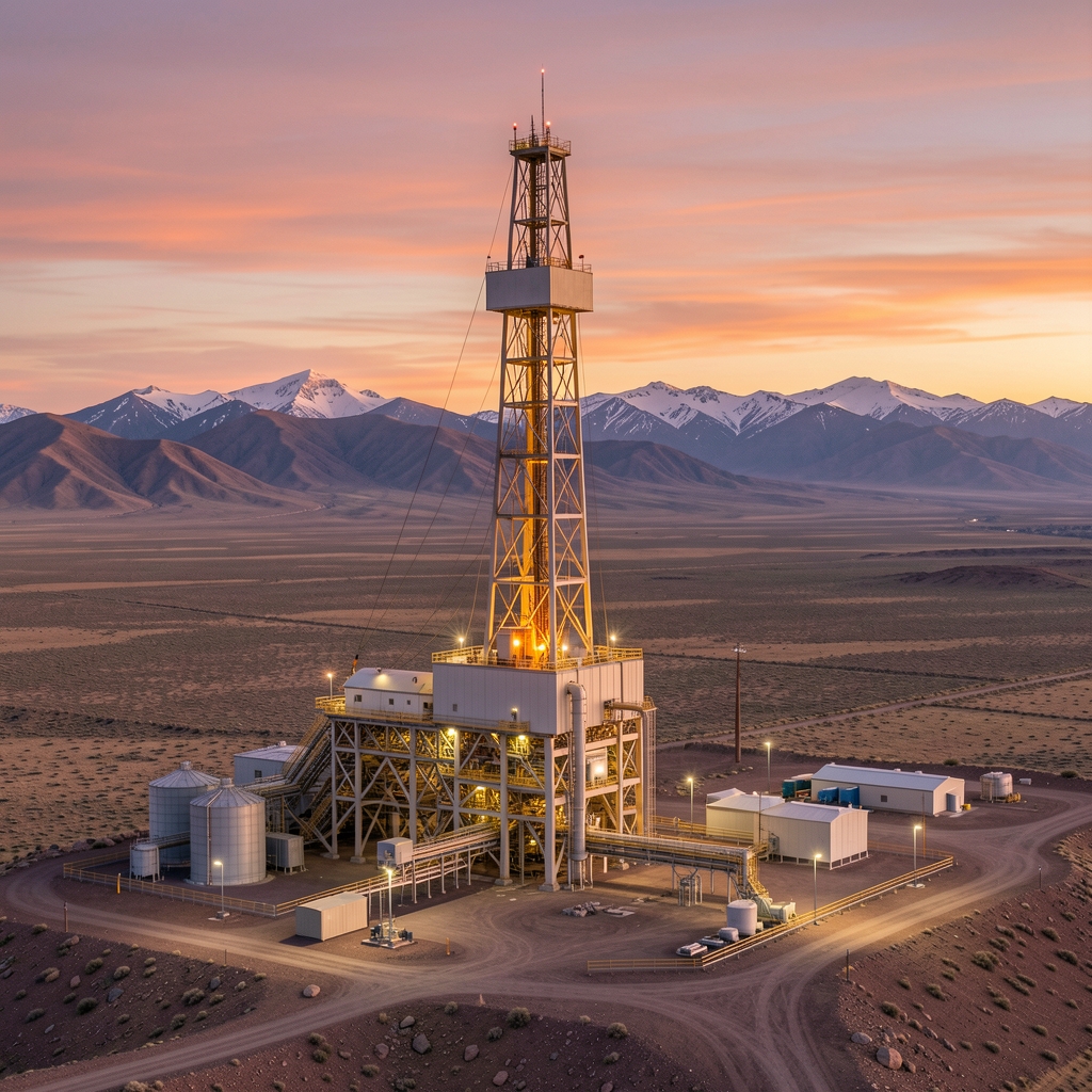 Torre de perforación petrolera iluminada al atardecer en la meseta patagónica de Neuquén