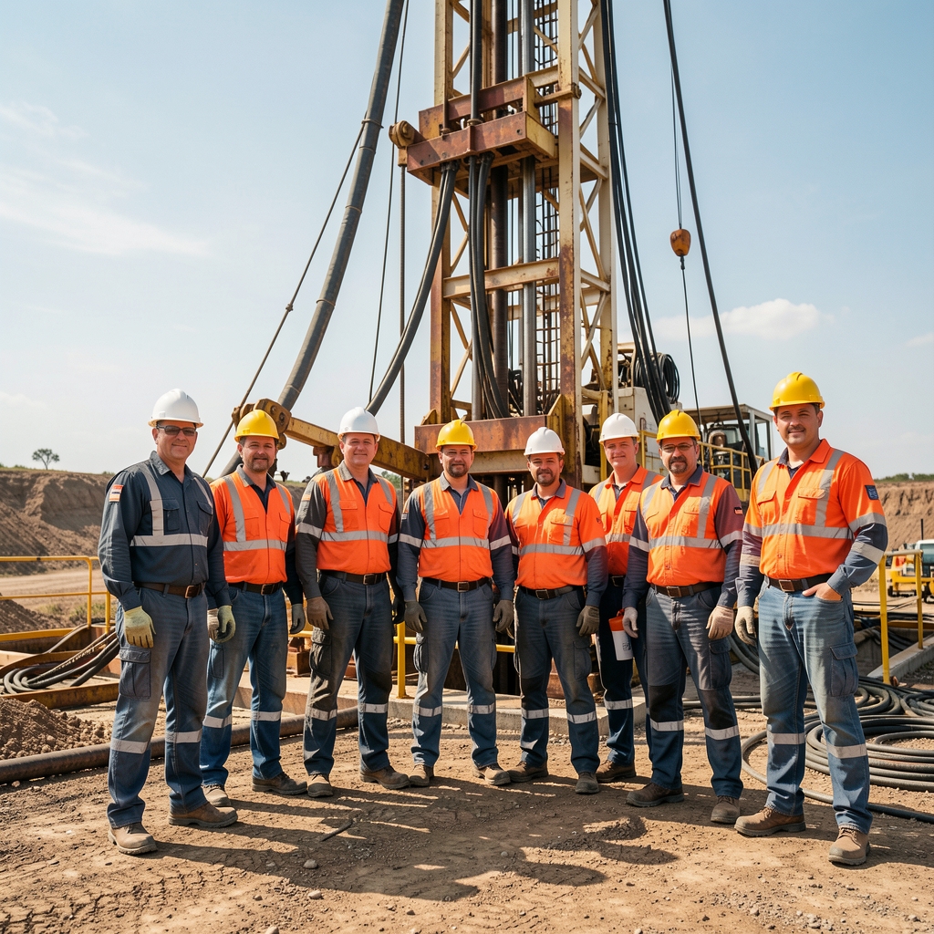 Cuadrilla de trabajadores petroleros con uniforme y casco de seguridad junto a equipo de perforación en un pozo